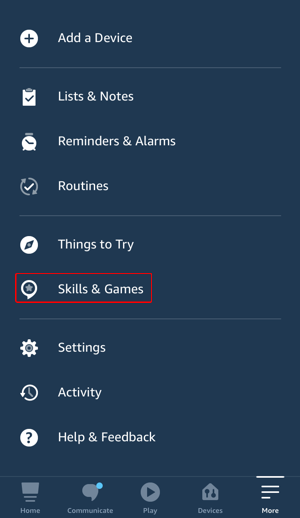 Skills & Games screen